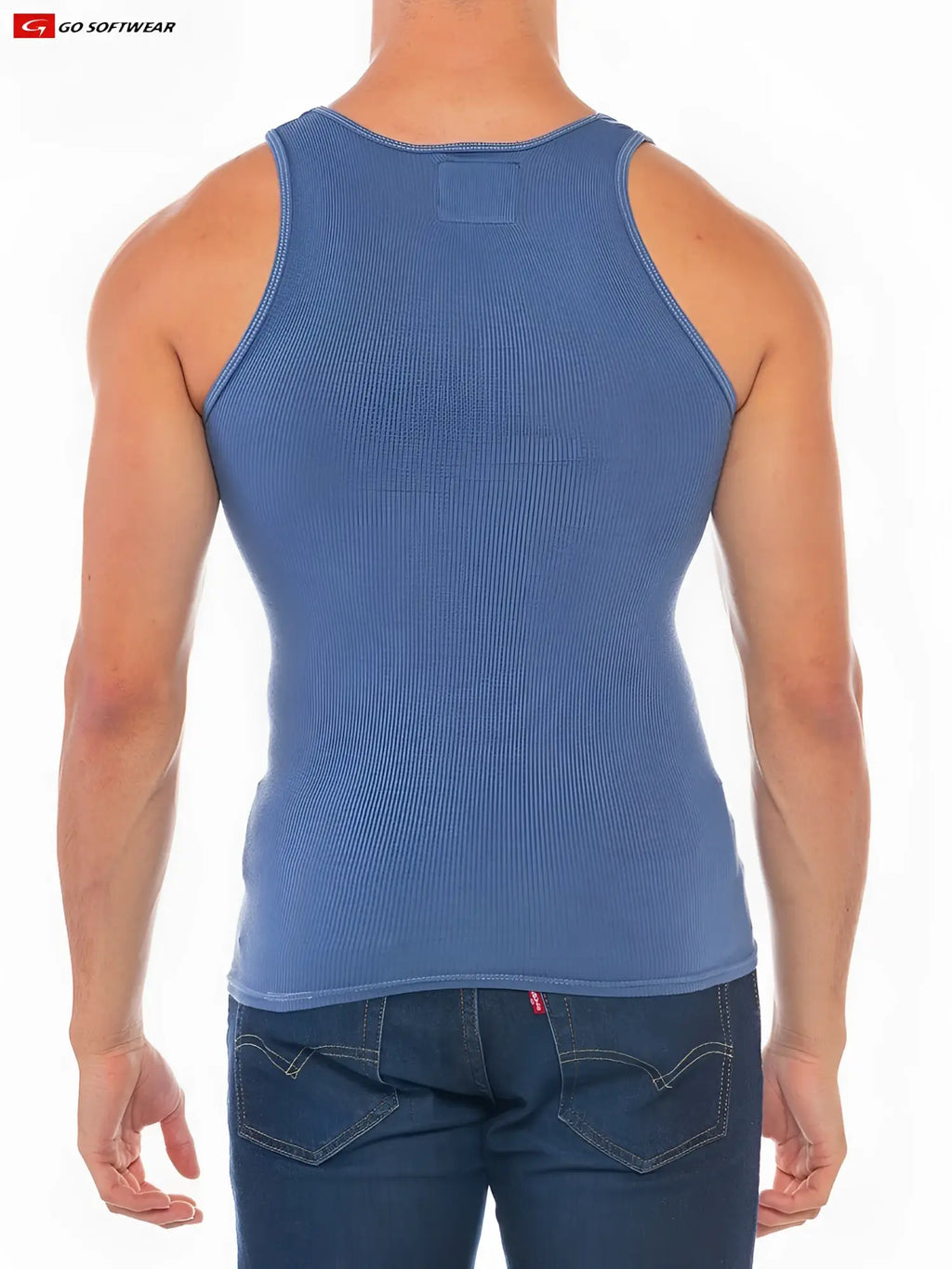Back view of blue resort rib tank top featuring ribbed texture and small rectangular patch at the neckline