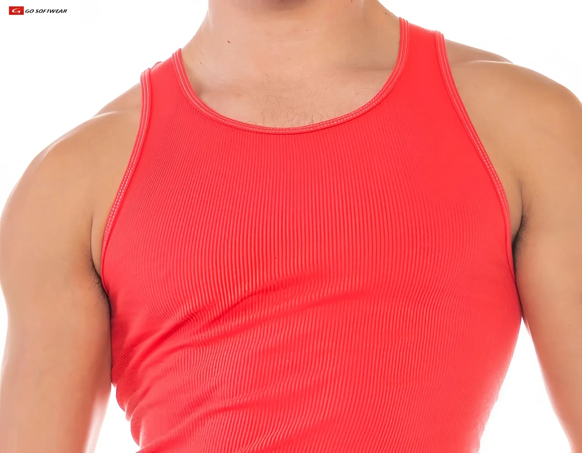 Bright red resort rib tank top with ribbed texture, classic round neckline, and seamless shoulder seams