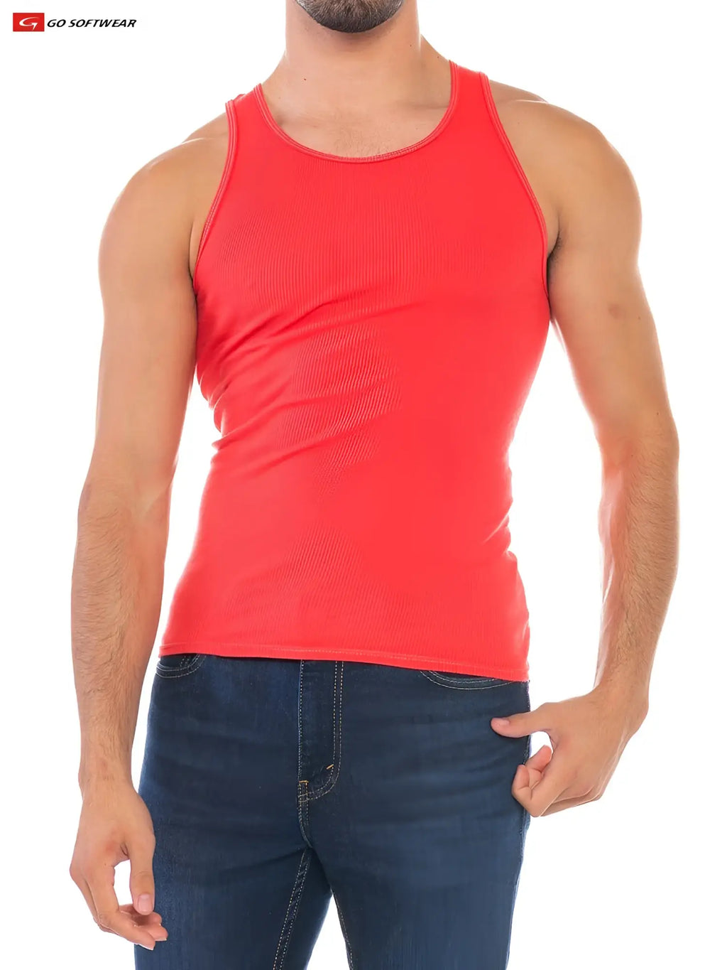 Bright red ribbed cotton tank top with classic round neckline and sleeveless design called resort rib tank