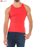 Bright red ribbed cotton tank top with classic round neckline and sleeveless design called resort rib tank