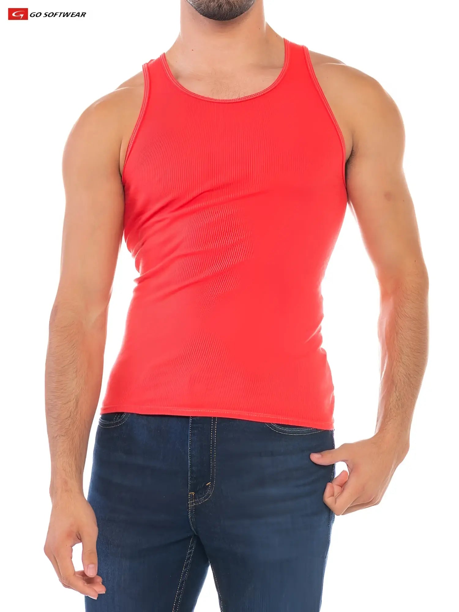 Bright red ribbed cotton tank top with classic round neckline and sleeveless design called resort rib tank