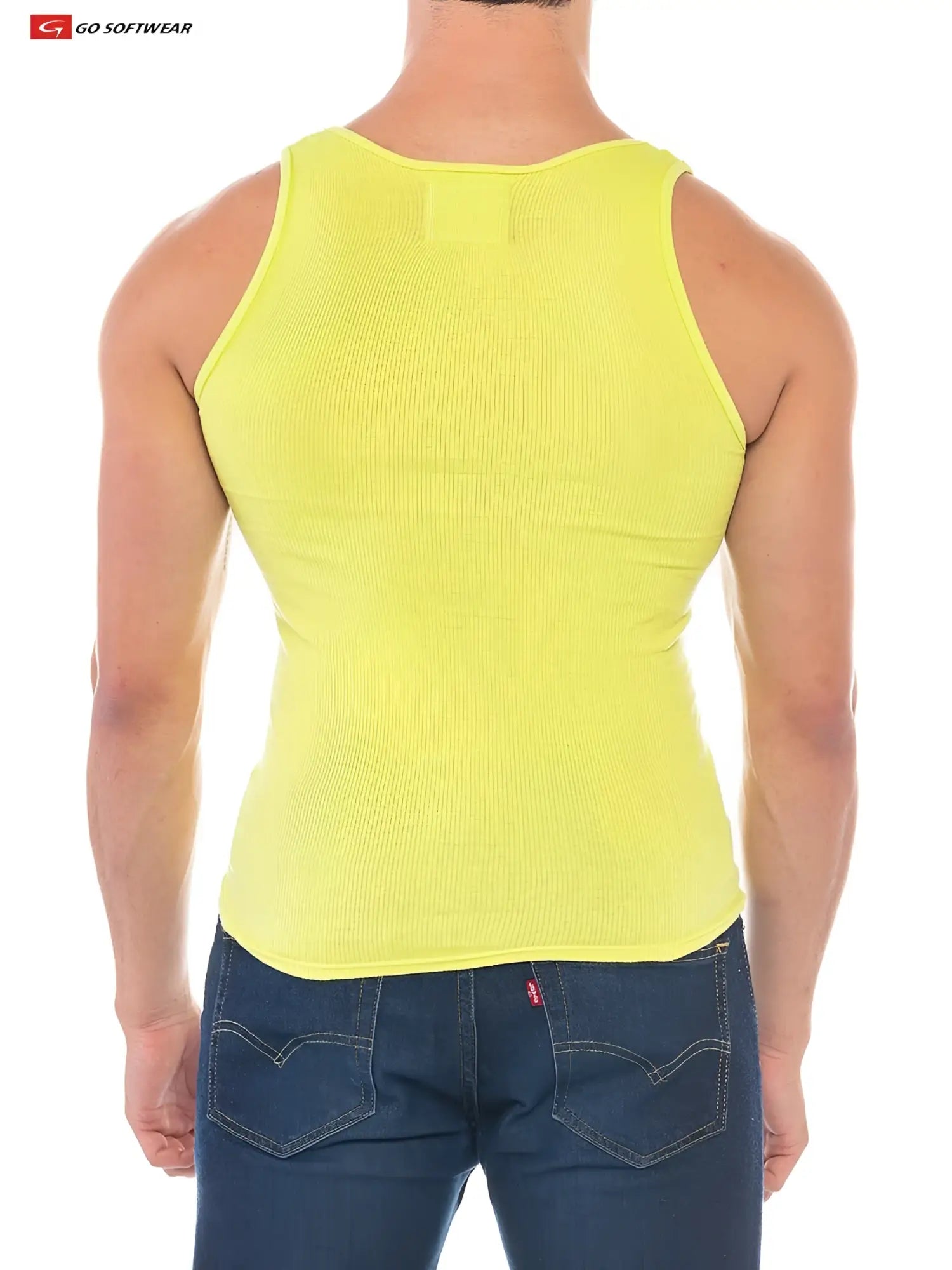 Bright yellow ribbed resort rib tank top with a fitted form-fitting design ideal for casual warm weather wear