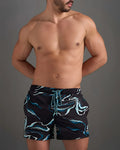 Resort swim short black swim trunks with blue and white marble pattern elastic waistband and matching drawstring
