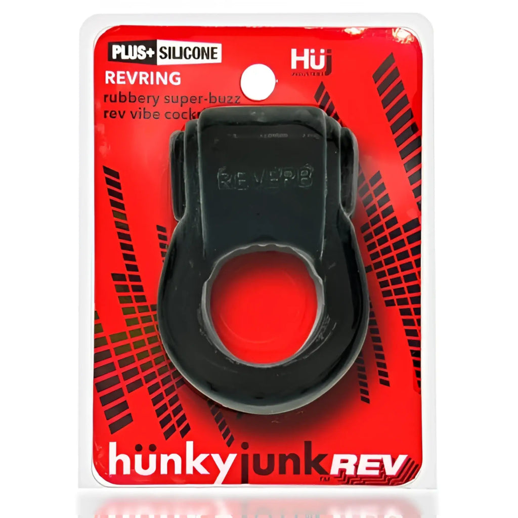 Black silicone ring with red interior branded hunky junk rev in the REVRING WITH VIBE product line
