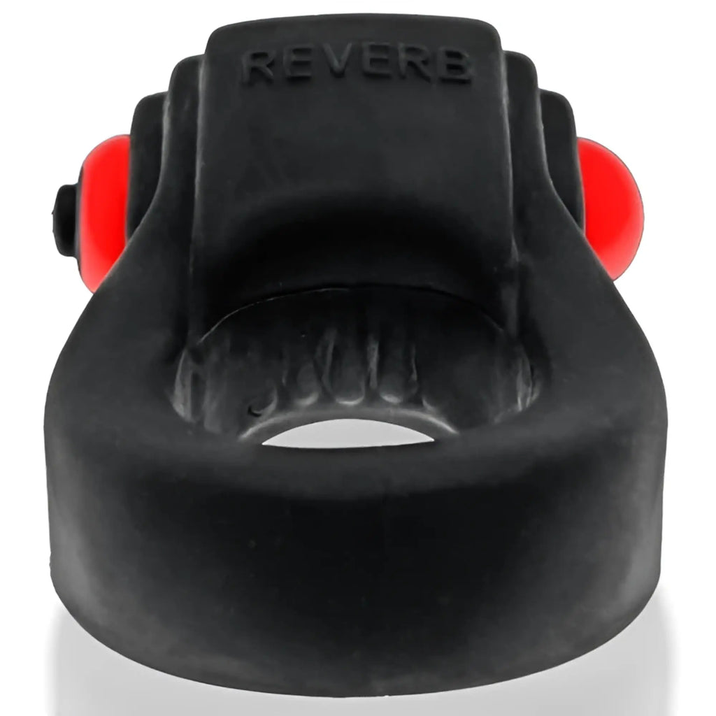 Black silicone ring with red spherical ends and reverb embossed on top from revring with vibe collection