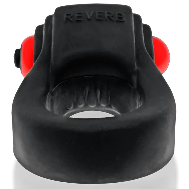 Black silicone ring with red spherical ends and reverb embossed on top from revring with vibe collection