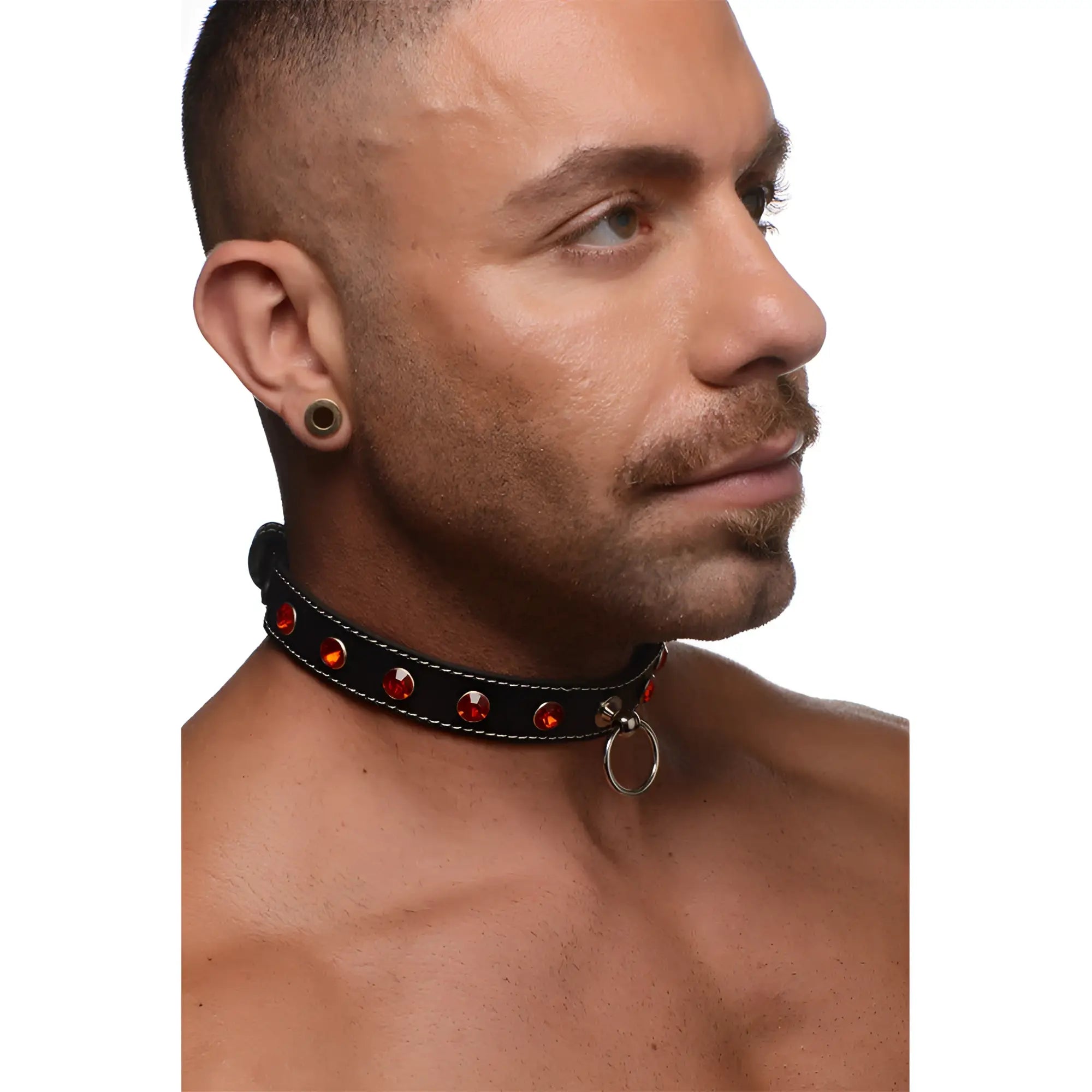 Black leather rhinestone choker with red gemstones and silver o ring for edgy fashion accessories