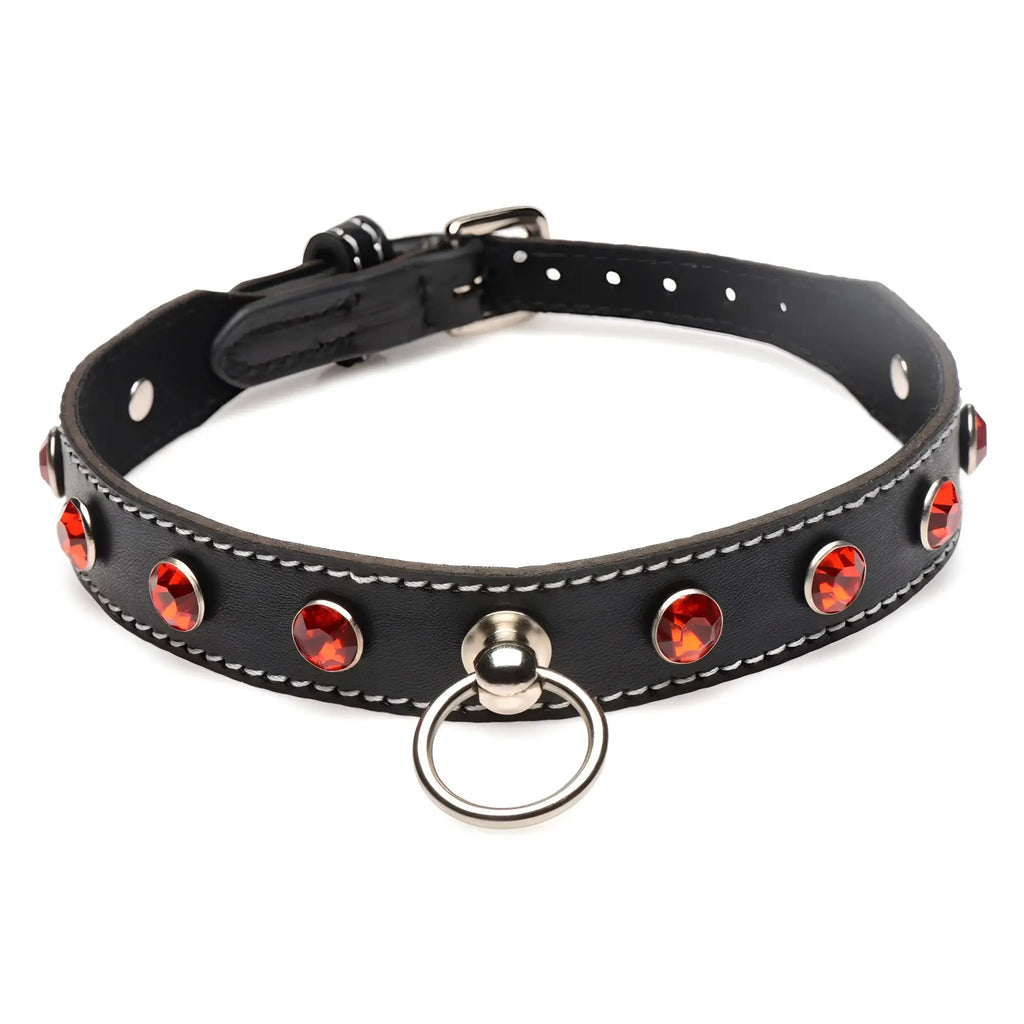 Black leather rhinestone choker with red rhinestones silver hardware and o-ring for dogs
