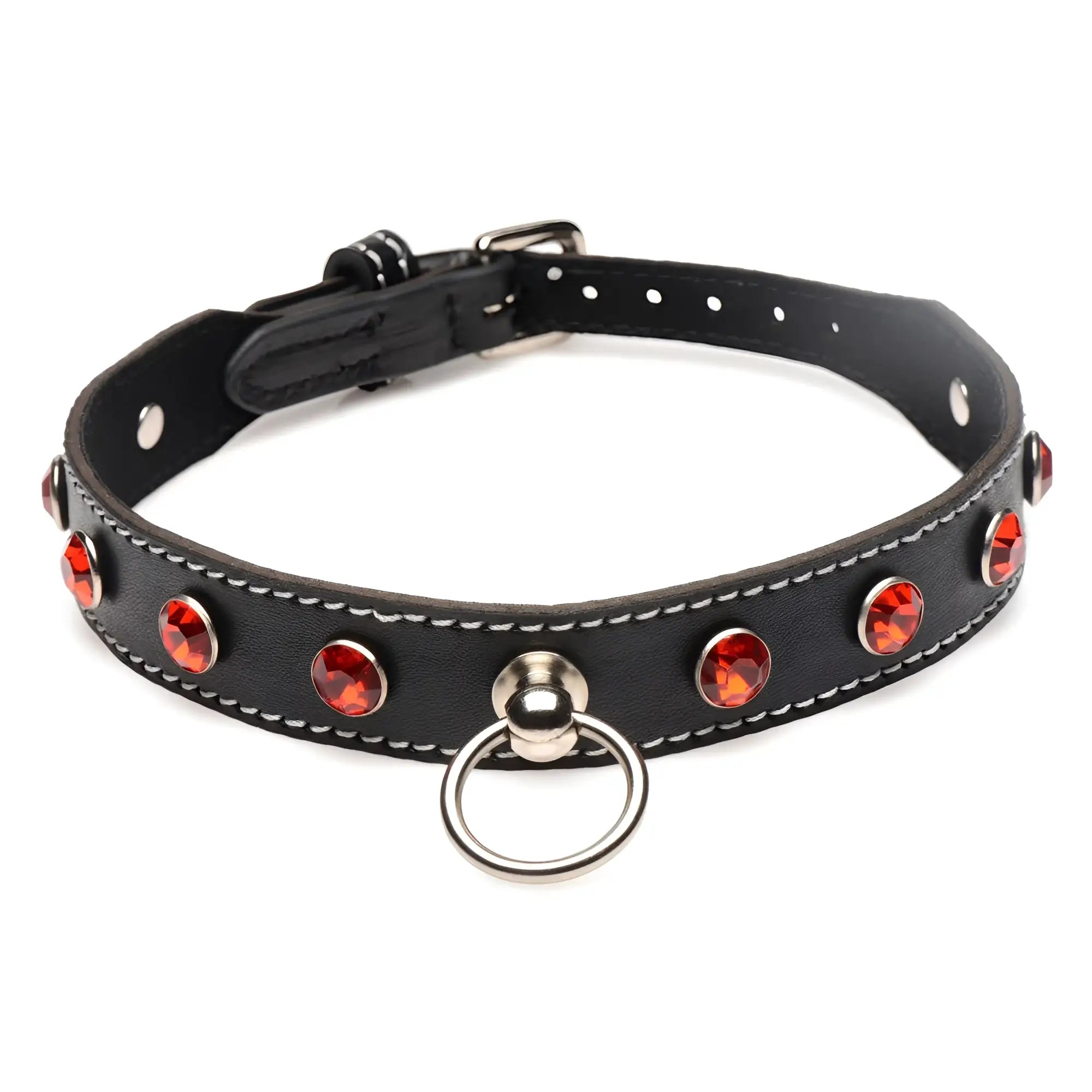 Black leather rhinestone choker with red rhinestones silver hardware and o-ring for dogs
