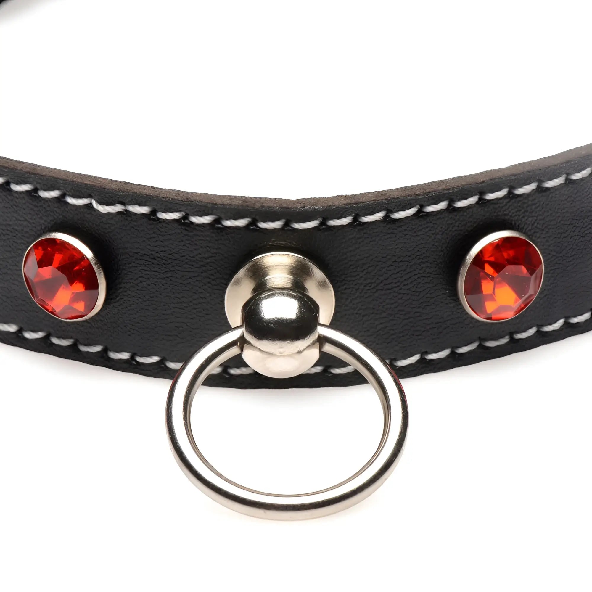 Black leather rhinestone choker with silver o-ring buckle and two oval red gemstones on either side
