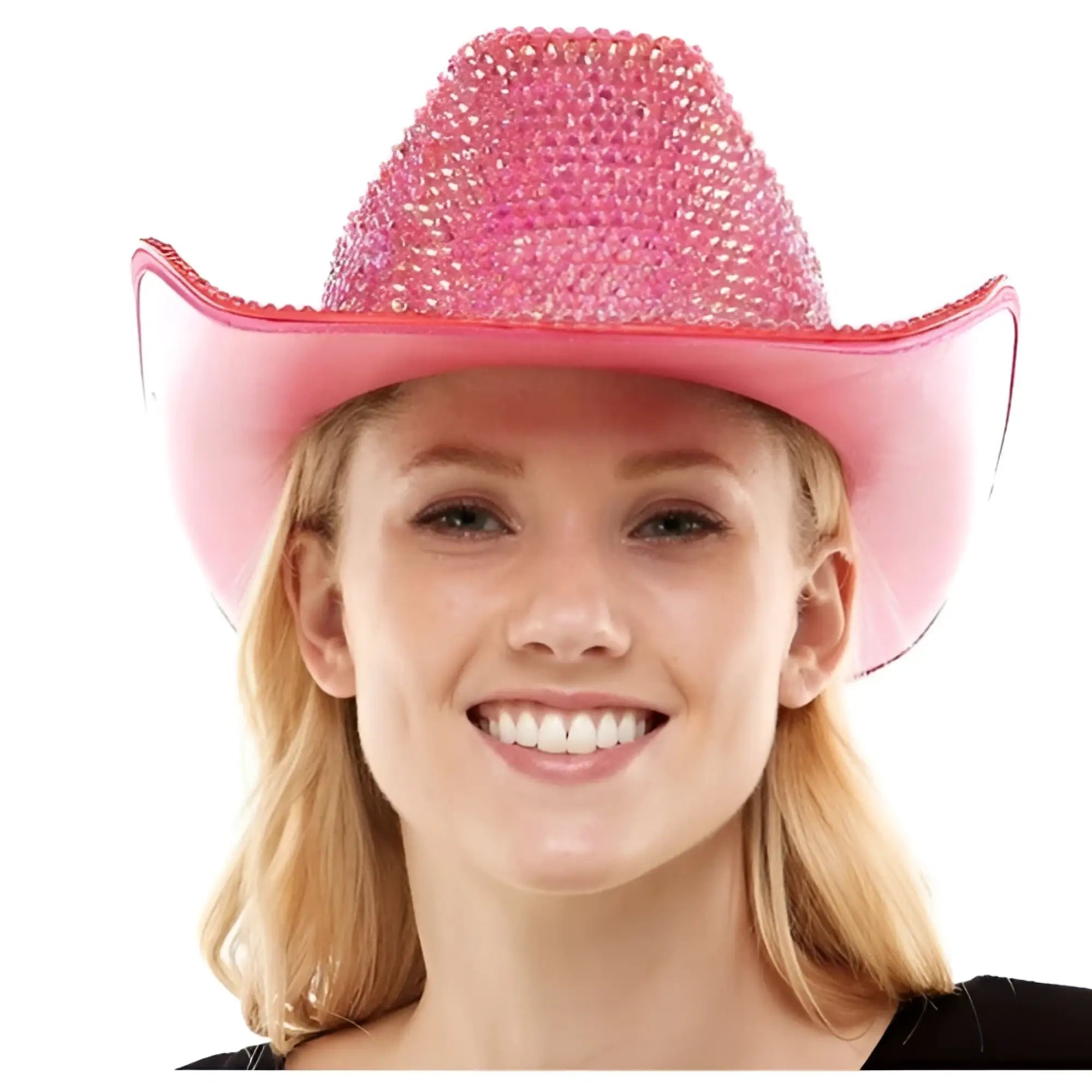 Pink rhinestone cowboy hat featuring sparkling embellishments for stylish western wear