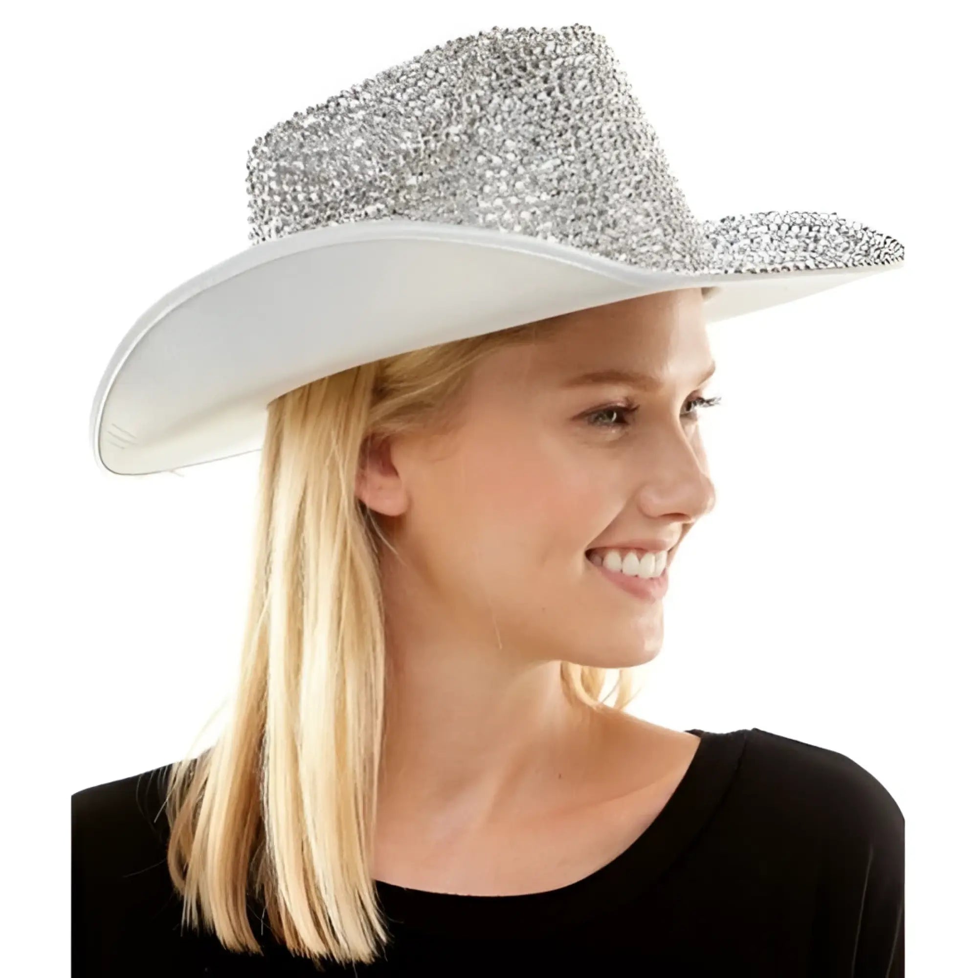 Silver rhinestone cowboy hat with glitter finish adorned with sparkling rhinestones on crown and brim