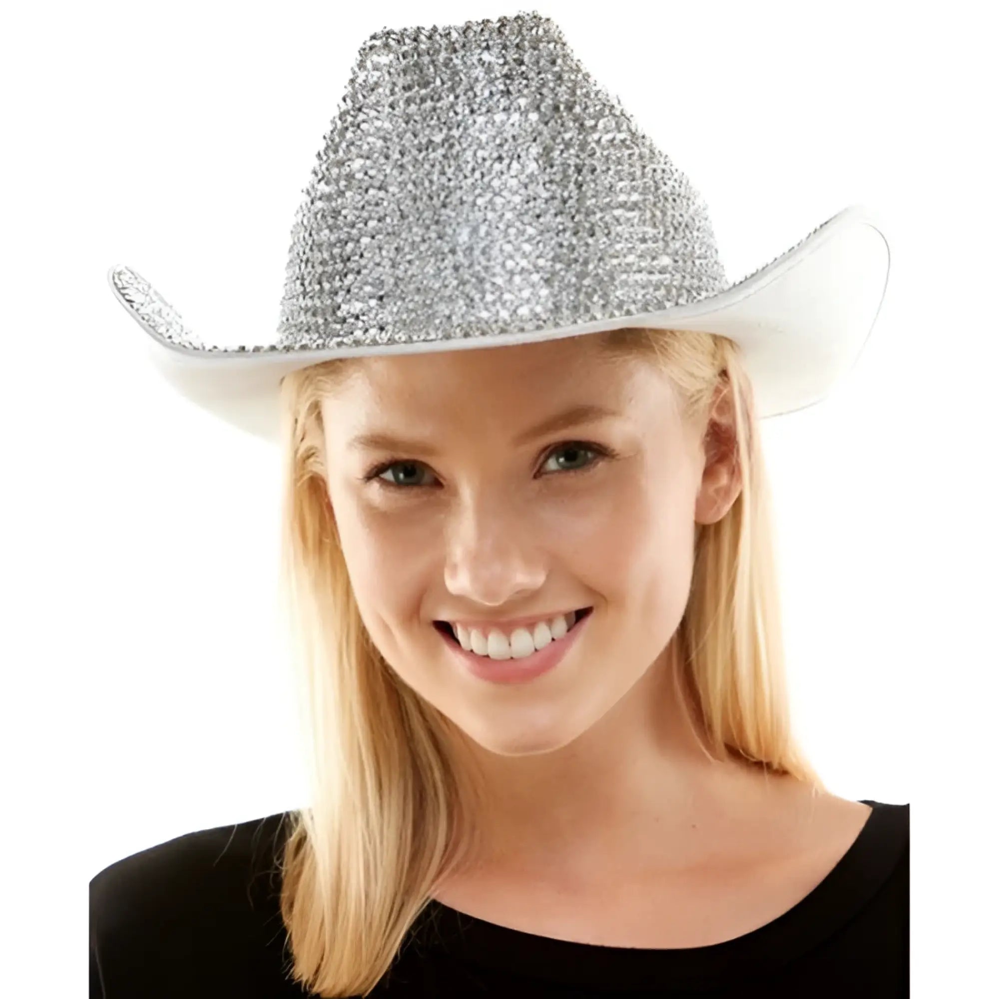 Silver rhinestone cowboy hat with a white brim featuring sparkling embellishments for stylish western wear
