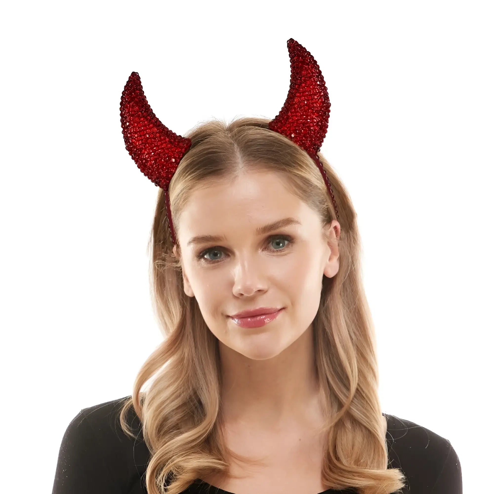 Red rhinestone-covered devil horns headband sparkling red accessory for costume or festive wear