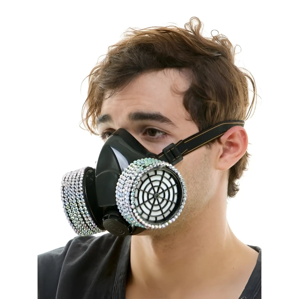 Black rhinestone gas mask with sparkling filters and facepiece designed for stylish protective wear
