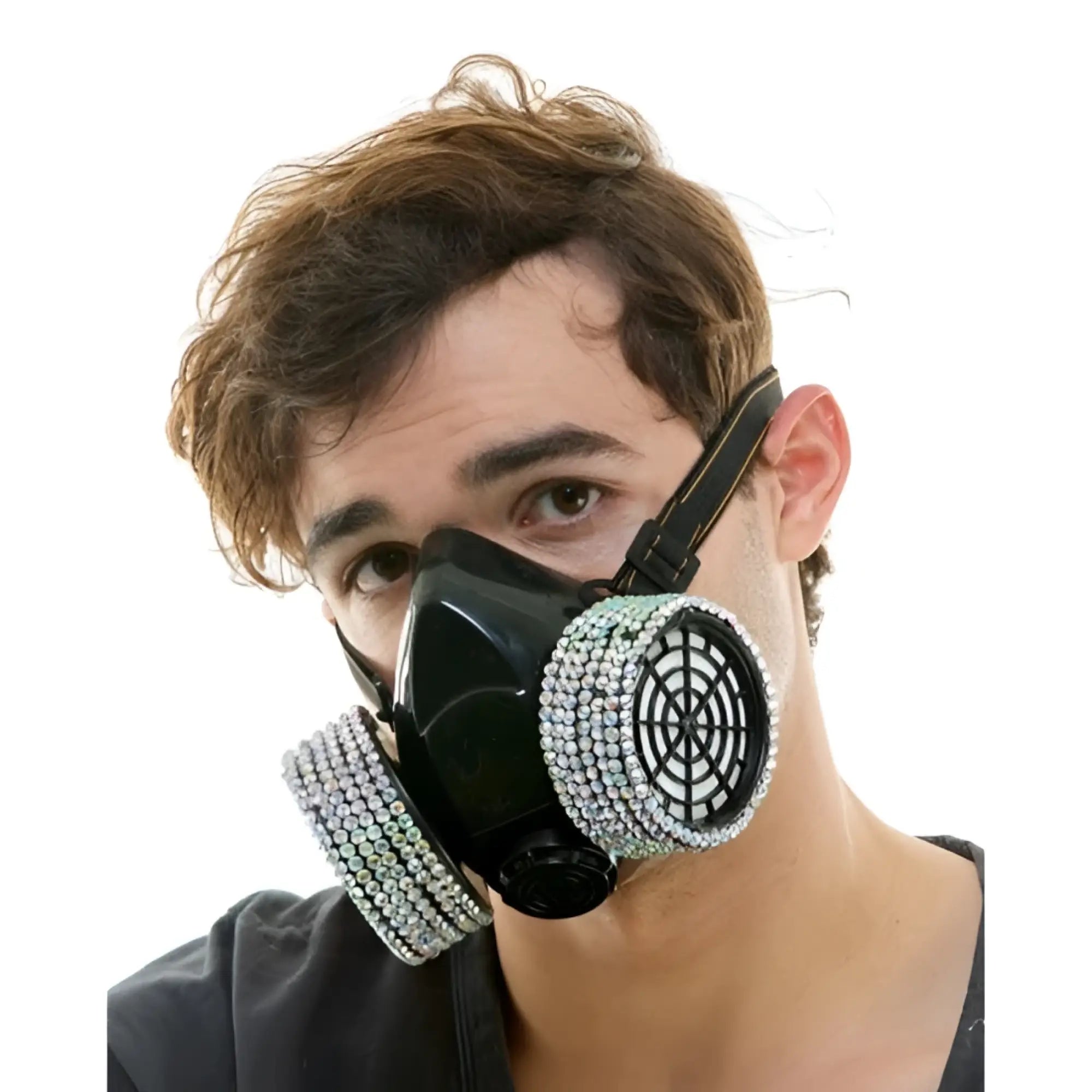 Black gas mask adorned with sparkling silver rhinestones around filter housings in rhinestone gas mask design