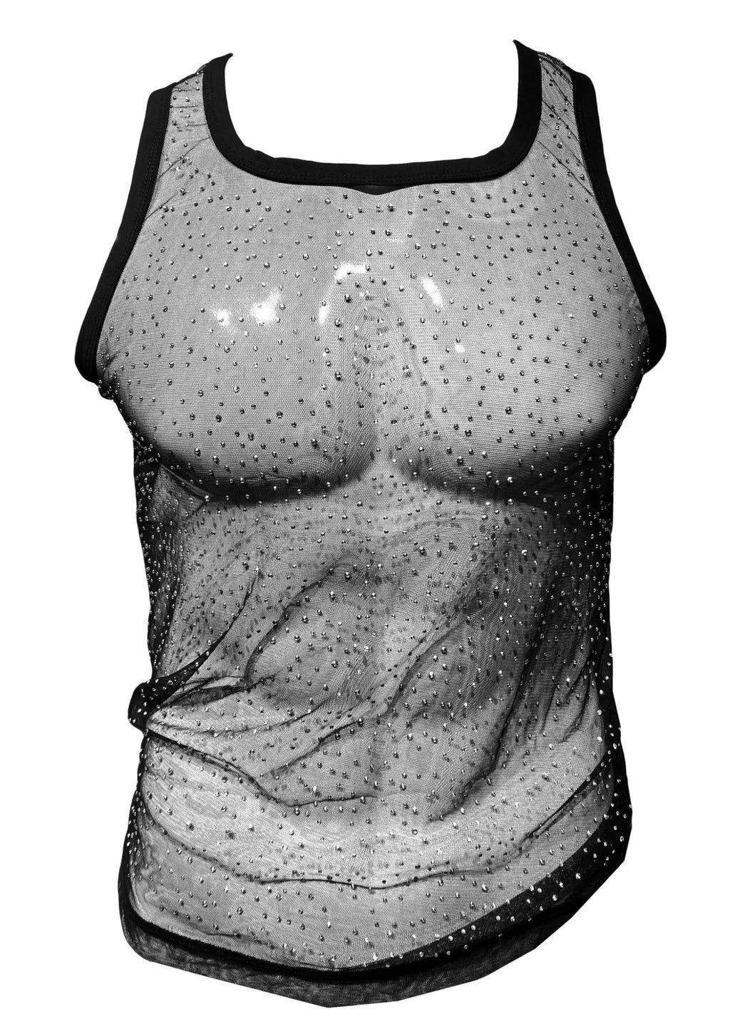Black rhinestone mesh tank top with sheer fabric and embroidered muscular torso design featuring sparkling embellishments