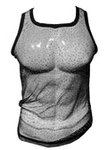 Black rhinestone mesh tank top with sheer fabric and embroidered muscular torso design featuring sparkling embellishments