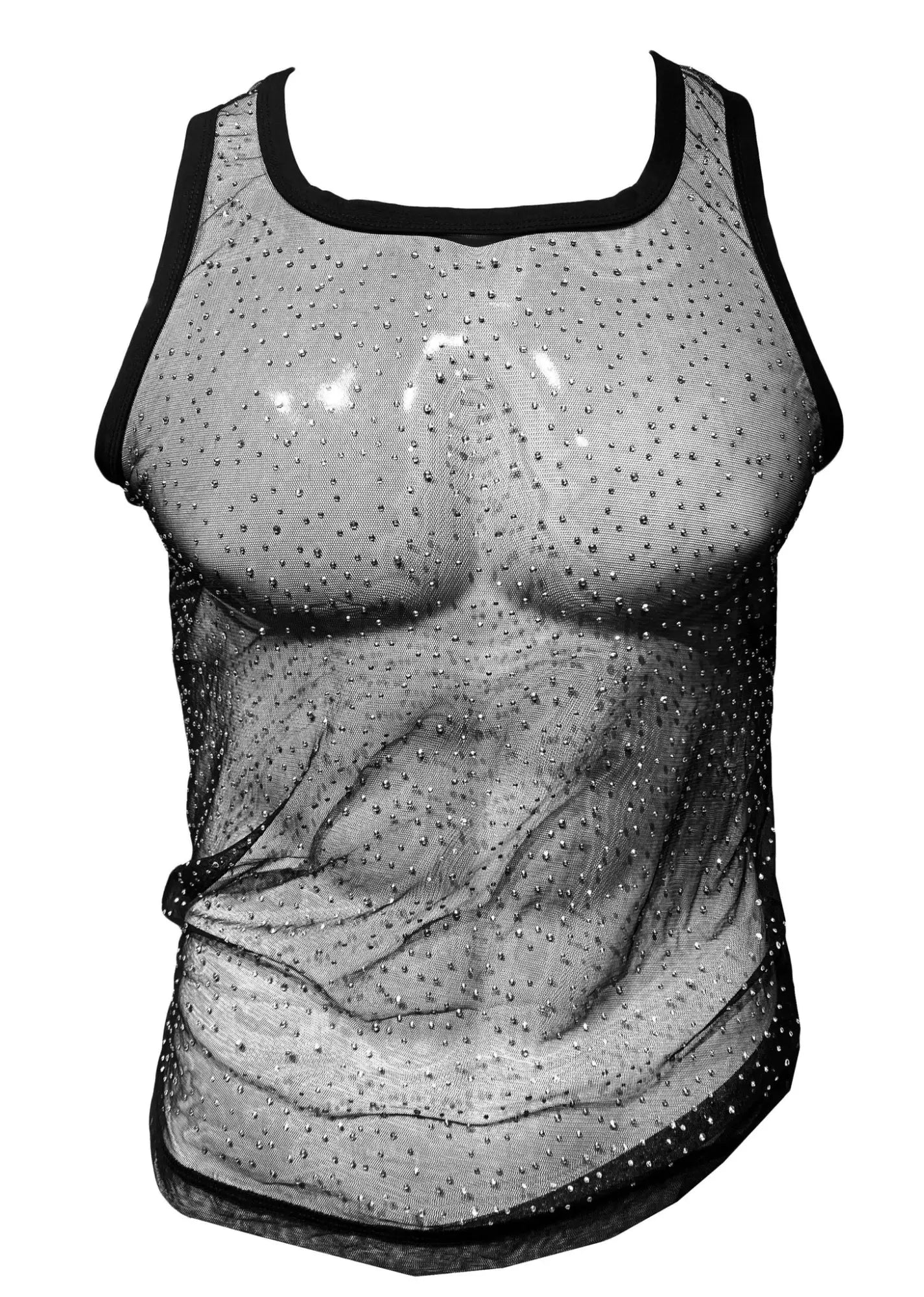 Black rhinestone mesh tank top with sheer fabric and embroidered muscular torso design featuring sparkling embellishments