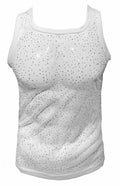 White tank top with sheer glittery mesh overlay and small silver rhinestones rhinestone mesh tank top