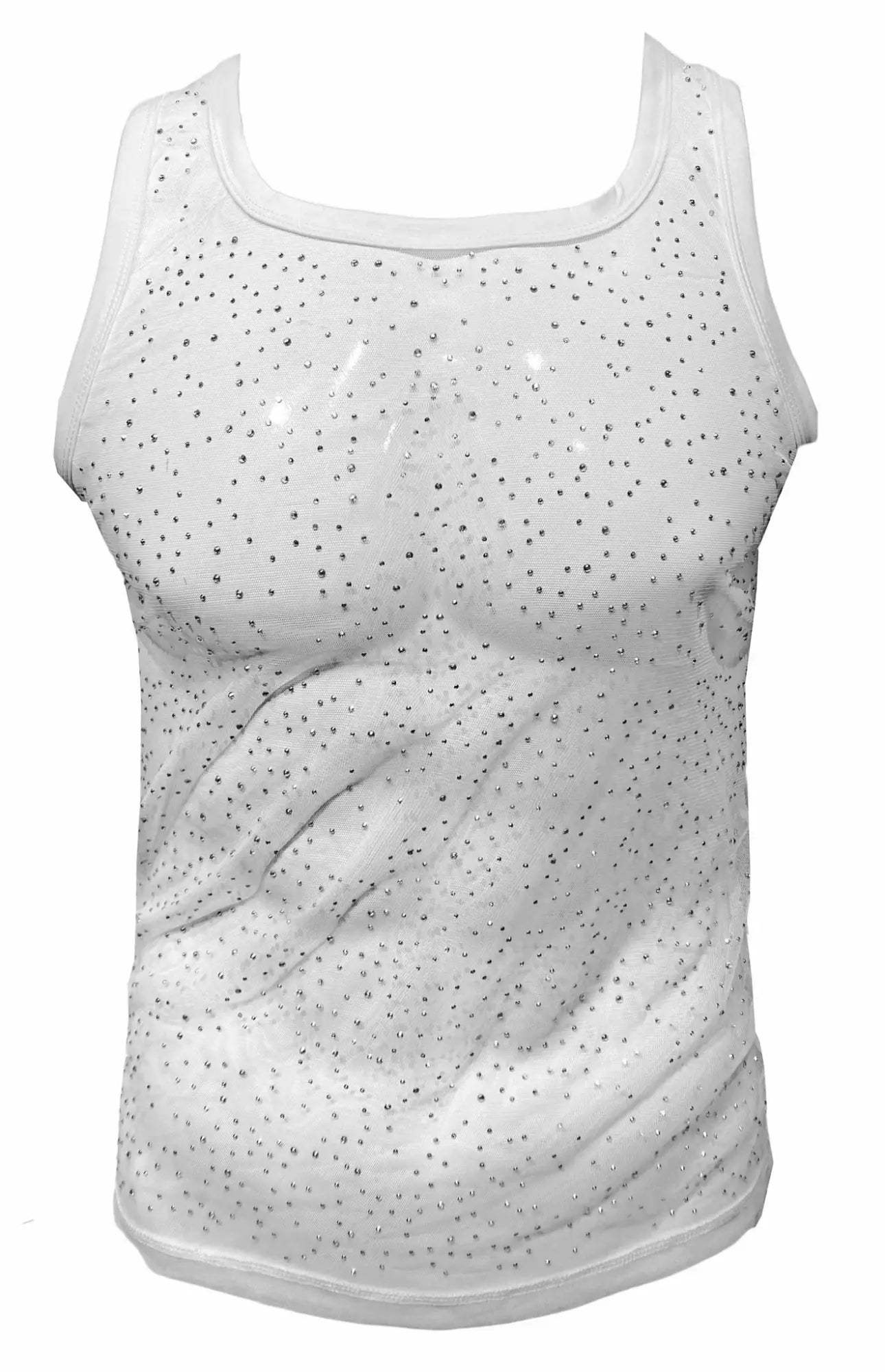White tank top with sheer glittery mesh overlay and small silver rhinestones rhinestone mesh tank top