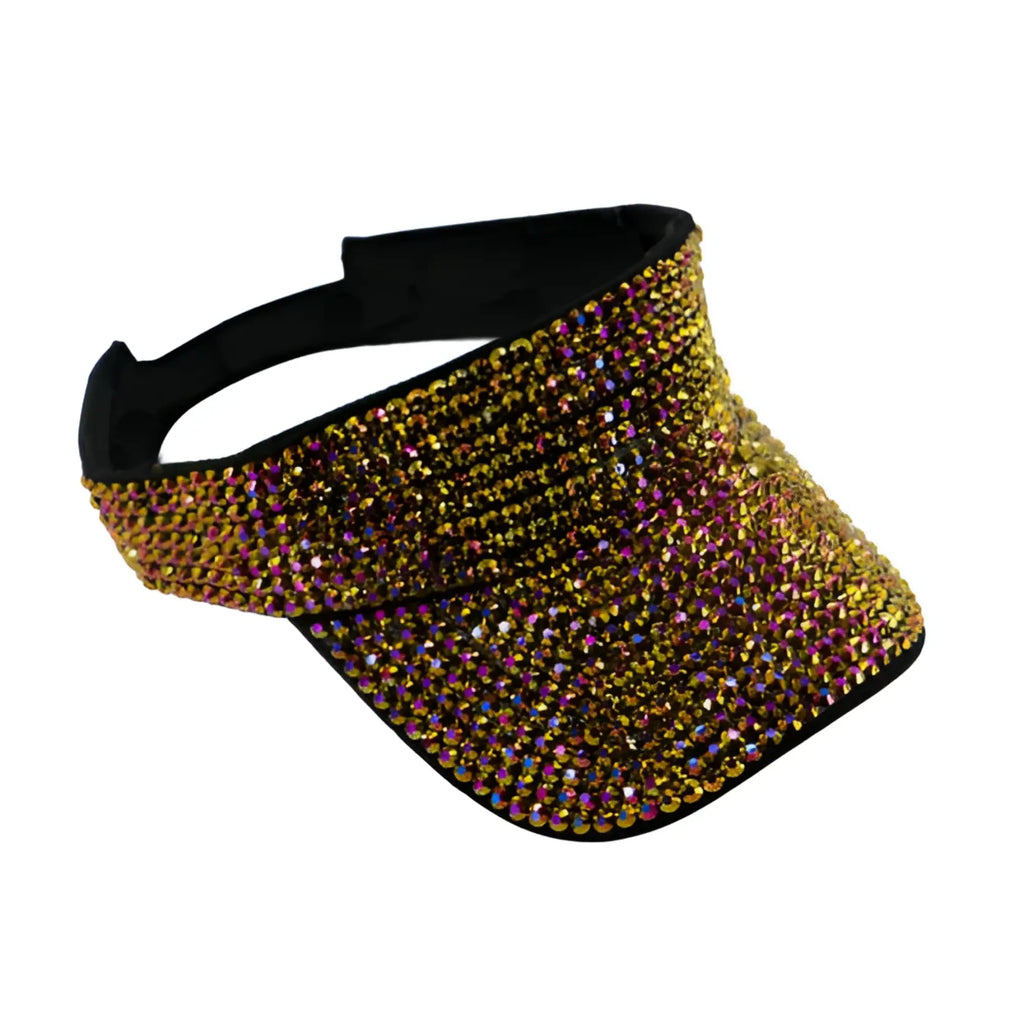 Rhinestone visor in shimmering gold and purple with black fabric strap available in five colors