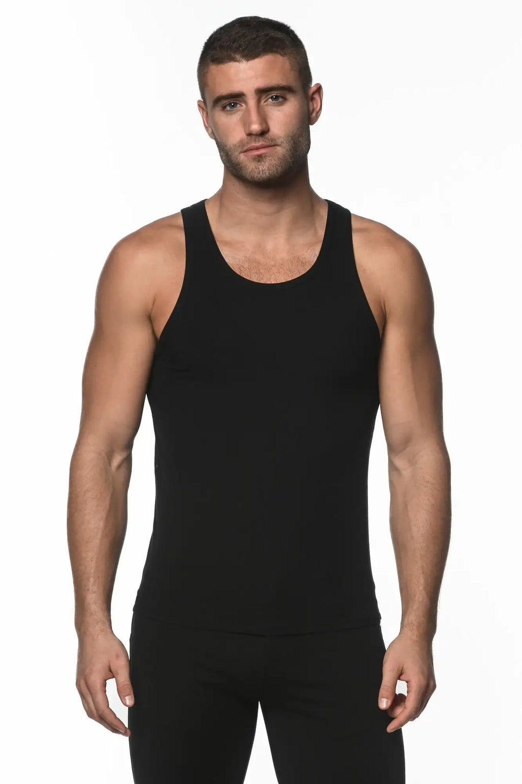 Black rib modal tank sleeveless top with a fitted simple design ideal for casual and layering wear