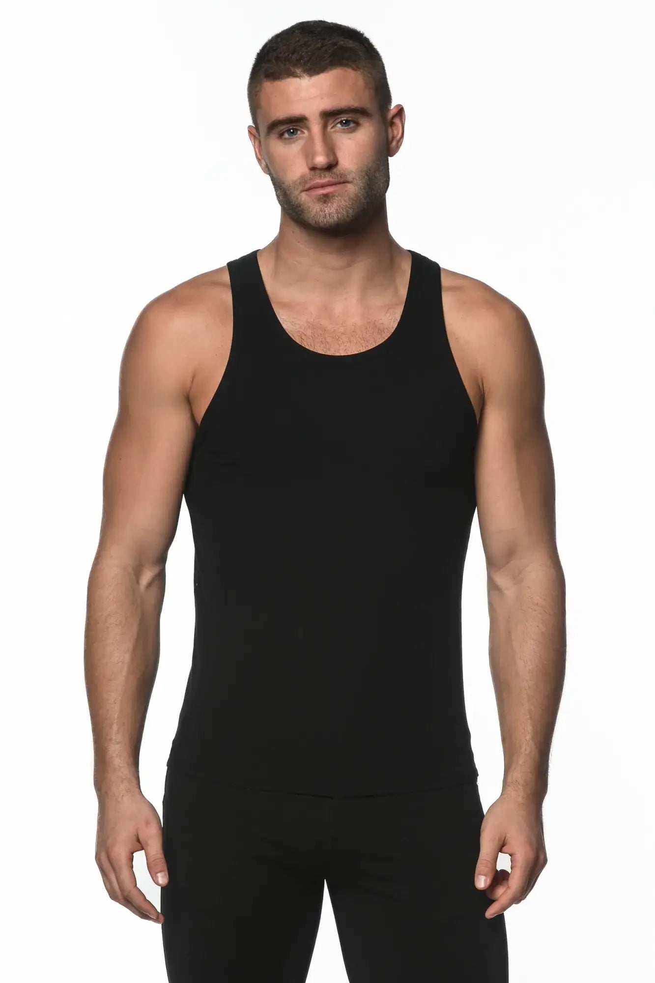 Black rib modal tank sleeveless top with a fitted simple design ideal for casual and layering wear