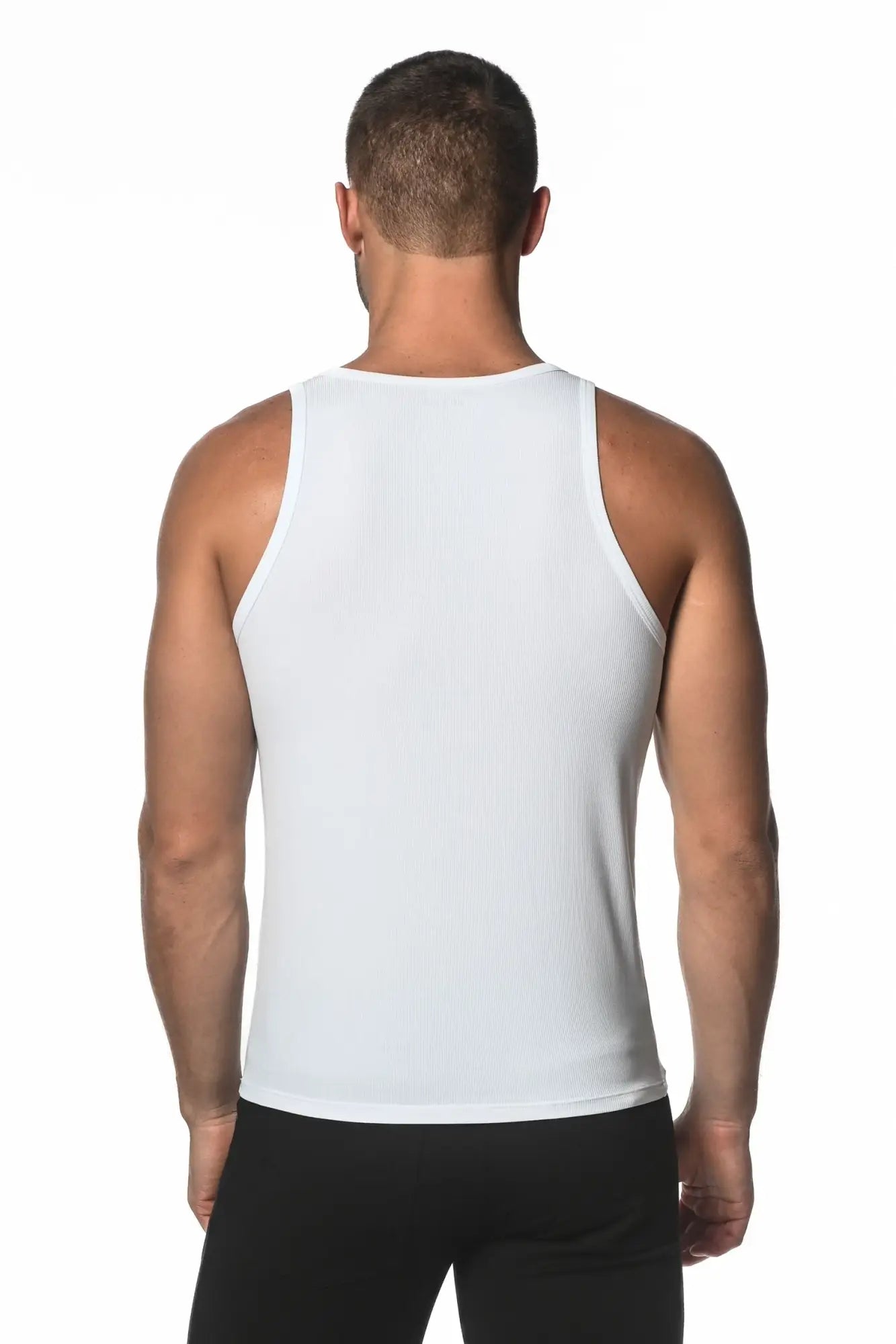 White rib modal tank sleeveless athletic top with smooth form-fitting fabric for comfortable activewear use