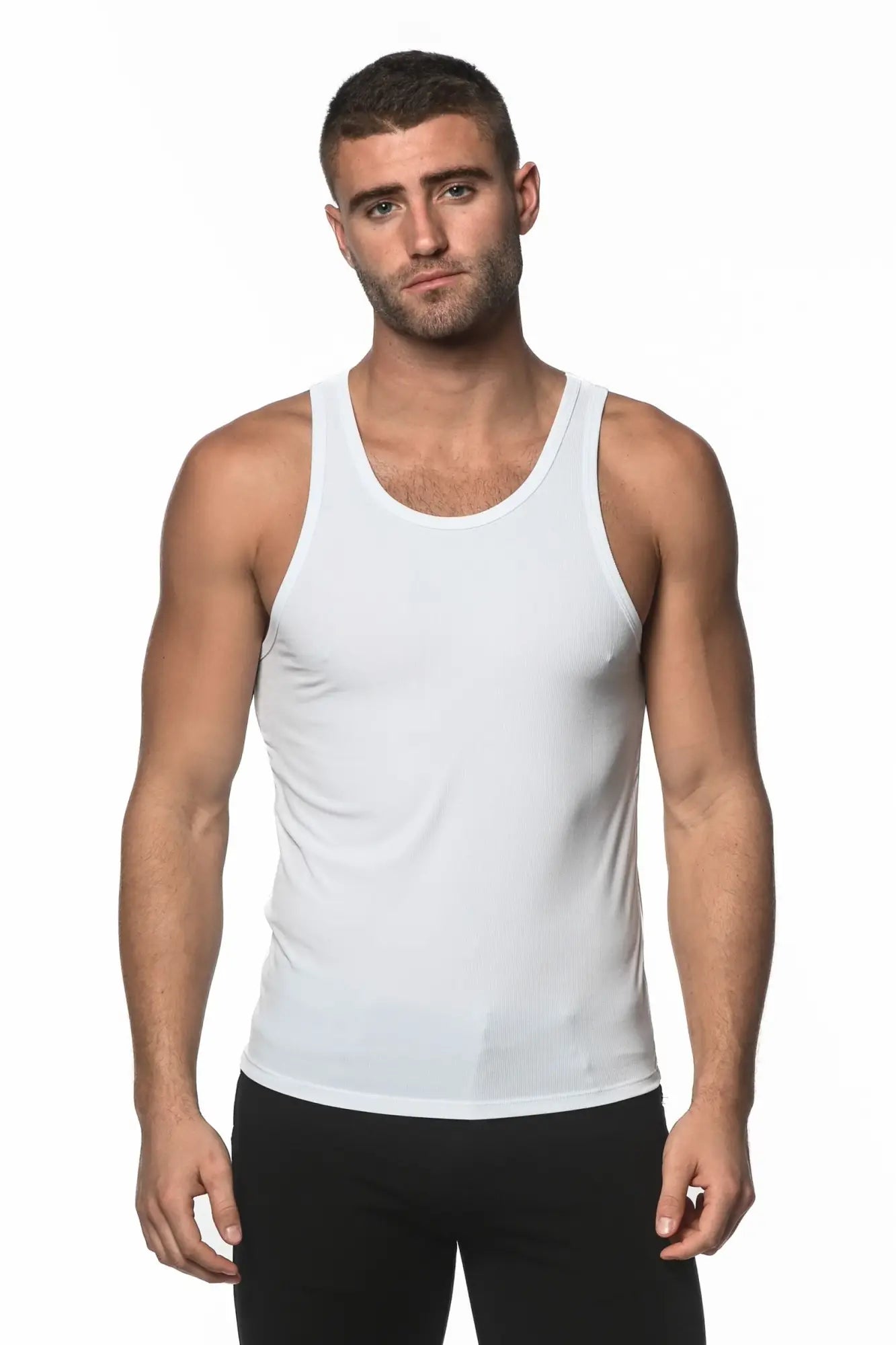 White sleeveless rib modal tank top with a simple fitted design for casual wear