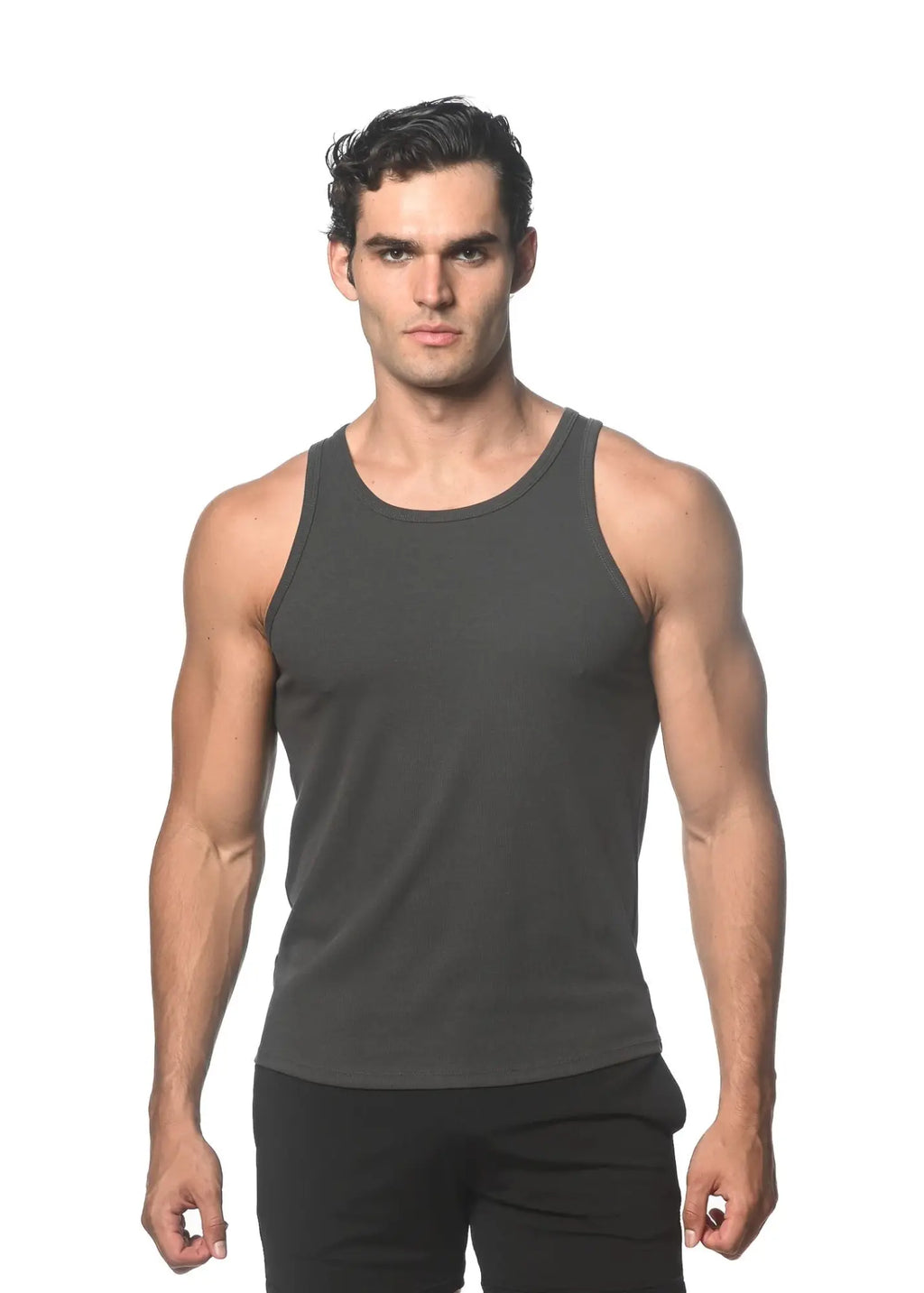 Dark gray sleeveless rib stretch Tencel cotton tank top with a simple fitted design for casual wear