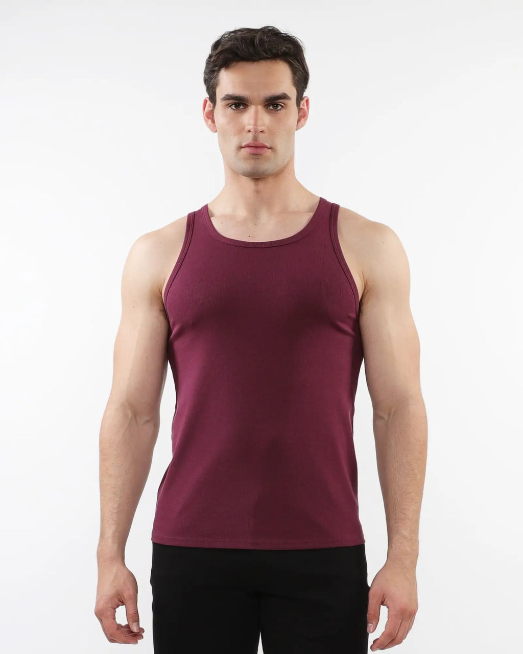 A maroon rib stretch tencel cotton sleeveless tank top with a simple fitted design