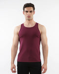 A maroon rib stretch tencel cotton sleeveless tank top with a simple fitted design