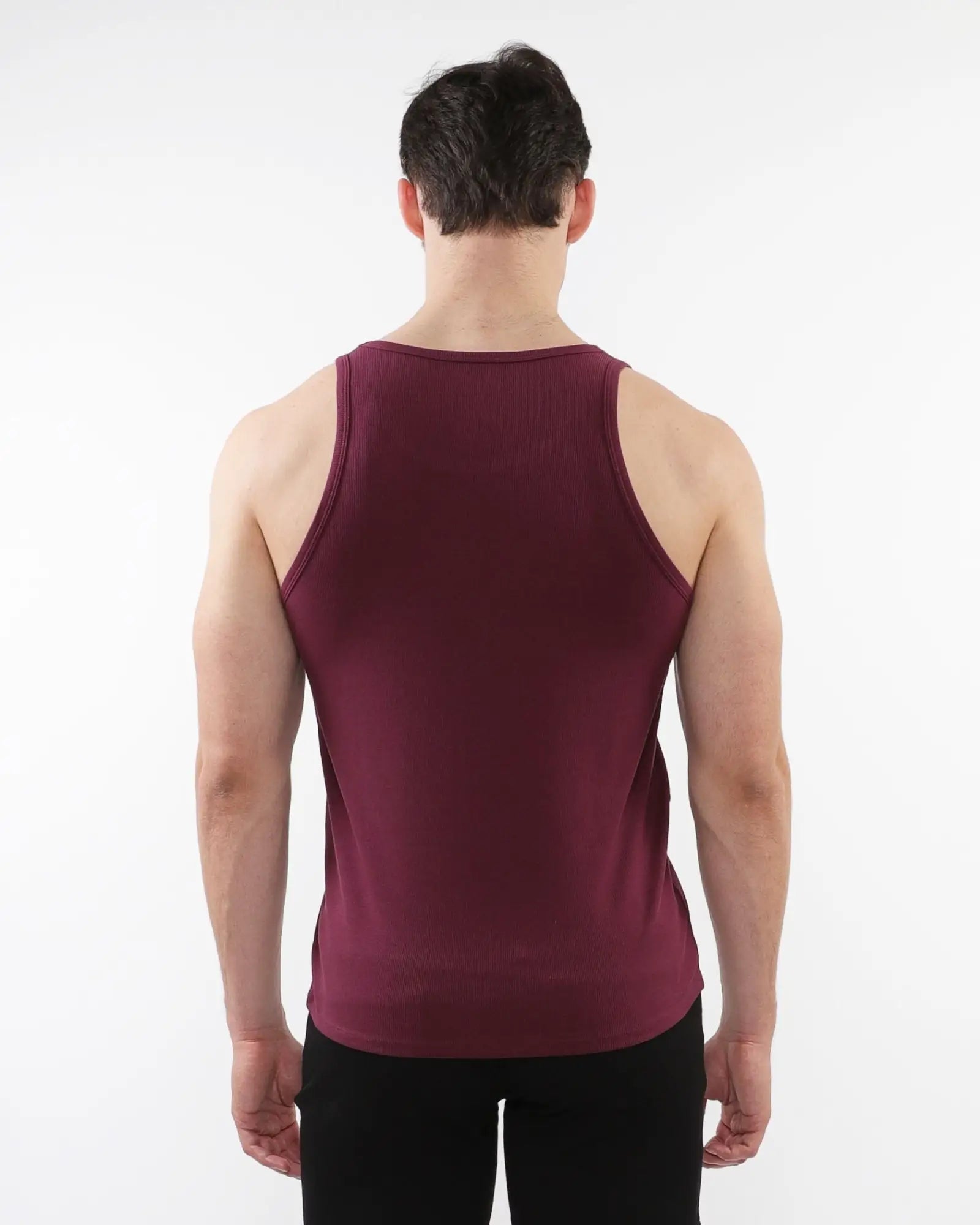 A maroon rib stretch tank top made of tencel and cotton with a smooth fitted fabric and rounded neckline