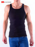 Black rib tank top with ribbed texture and contrasting stitching perfect for casual summer wear