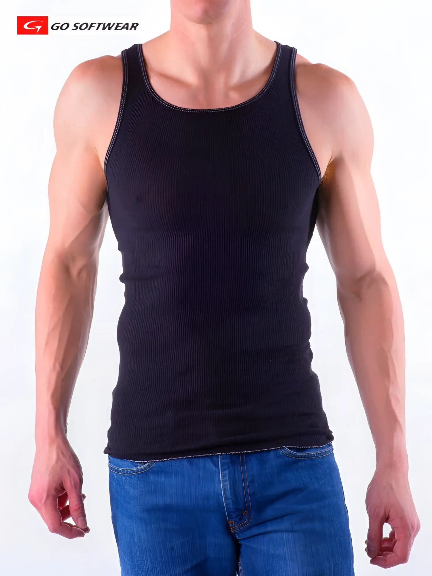 Black rib tank top with ribbed texture and contrasting stitching perfect for casual summer wear