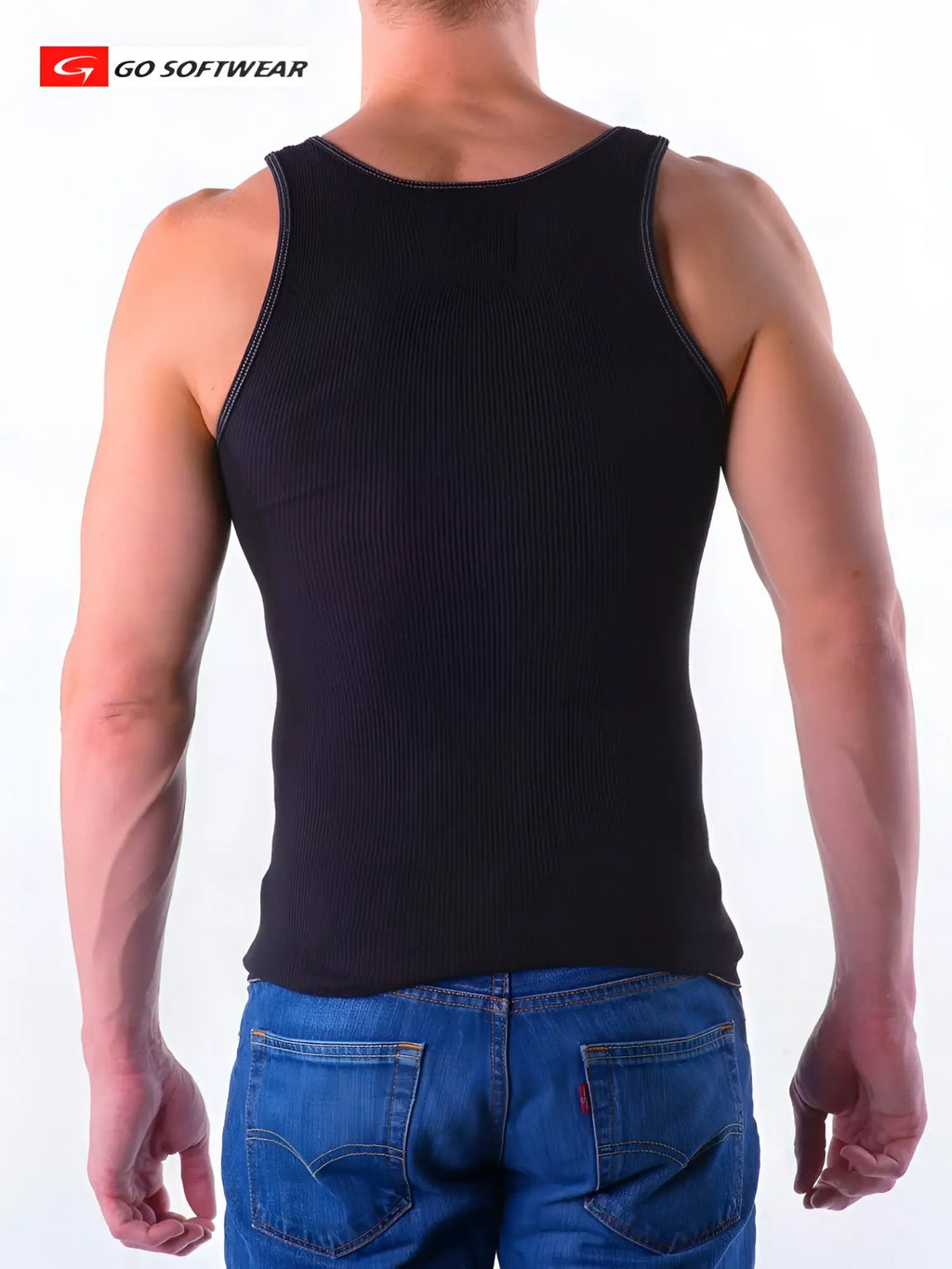 Black rib tank top with blue contrasting stitching along neckline and armholes made of ribbed fabric