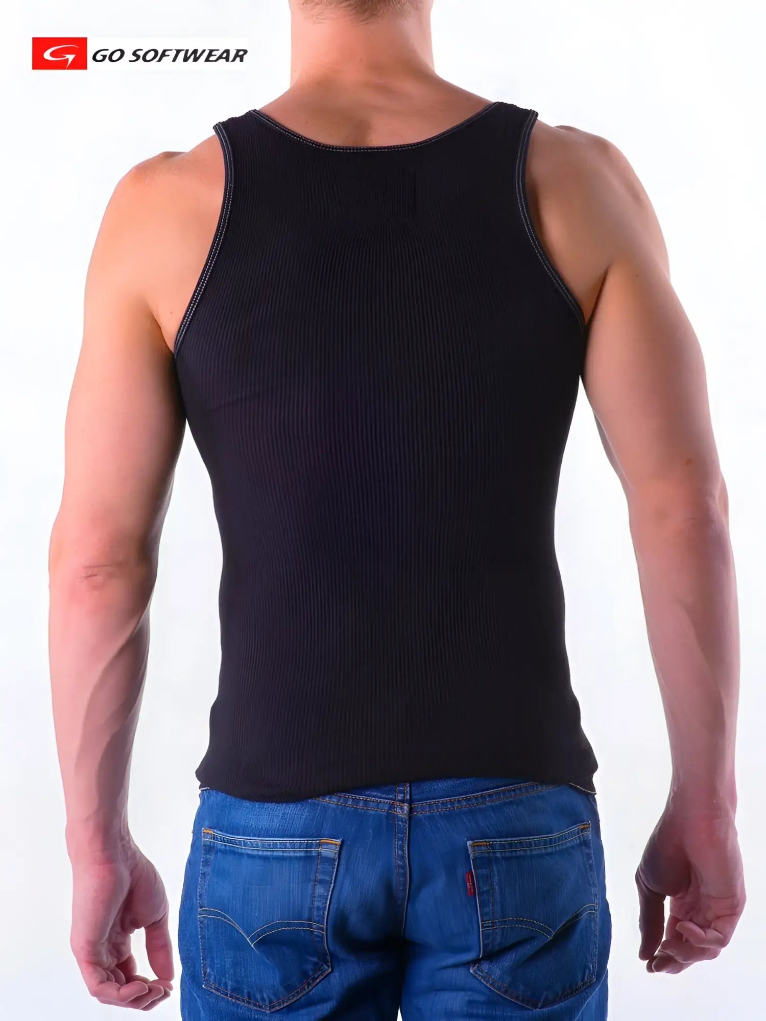 Black rib tank top with blue contrasting stitching along neckline and armholes made of ribbed fabric