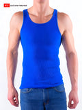 Bright blue rib tank top with ribbed texture, classic scoop neckline, and seamless construction for comfortable wear