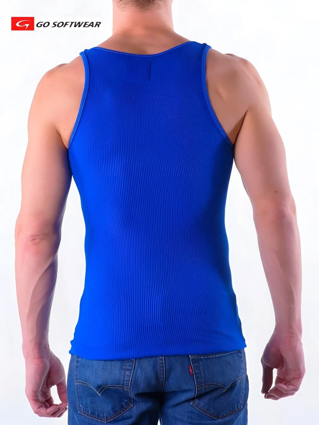 Bright blue ribbed knit tank top from go softwear featuring soft breathable fabric perfect for casual wear