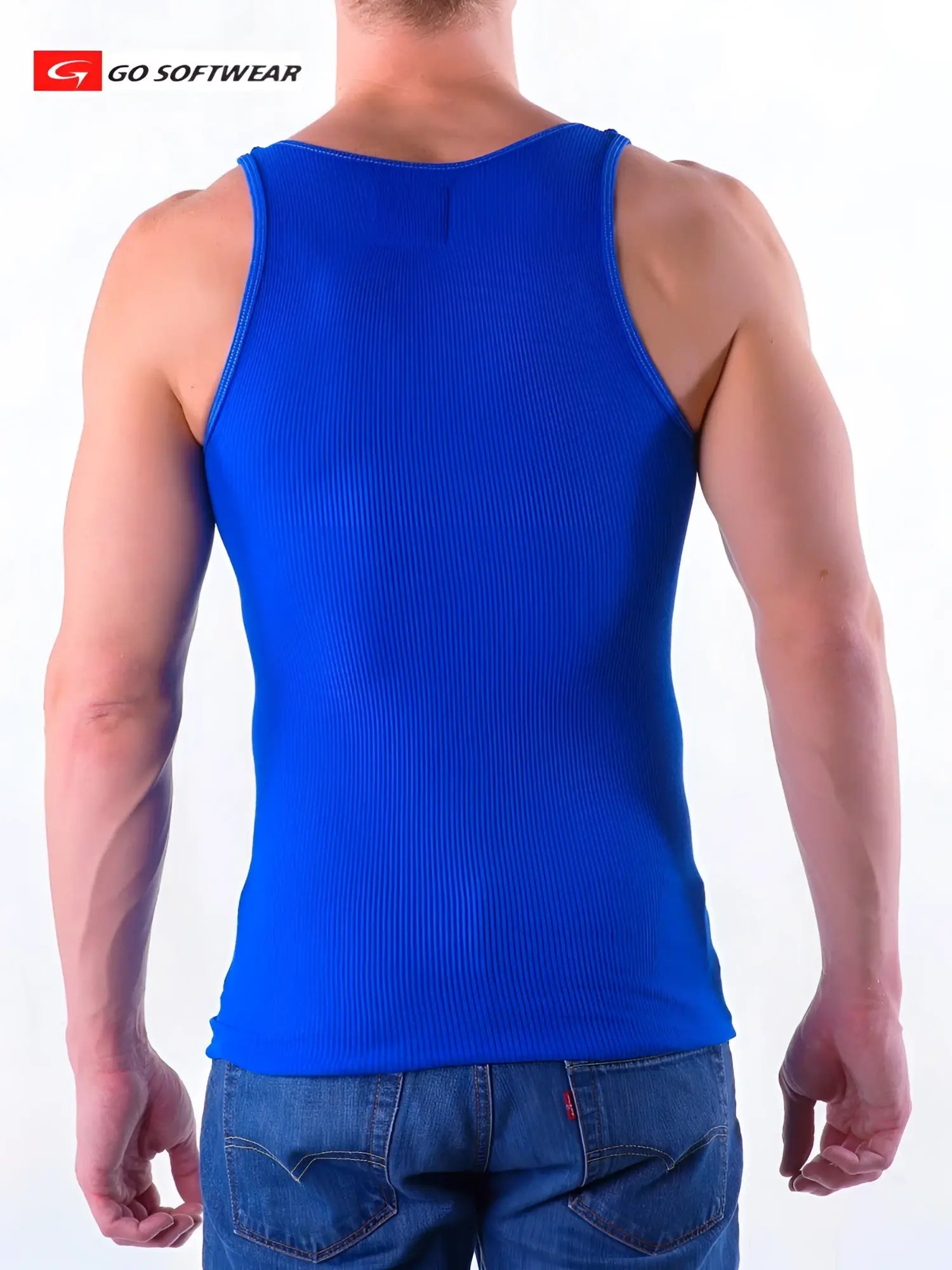 Bright blue ribbed knit tank top from go softwear featuring soft breathable fabric perfect for casual wear