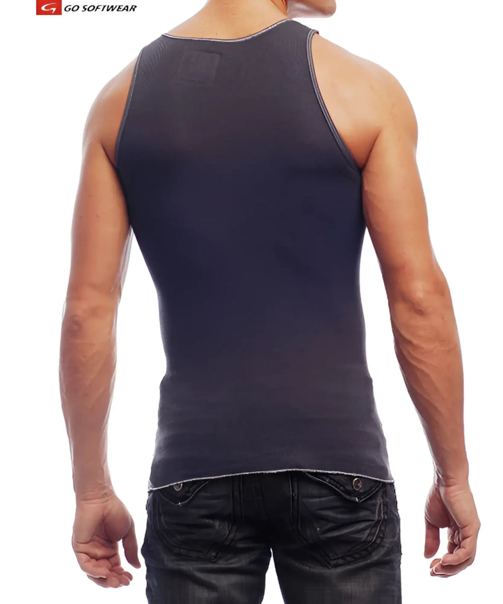 Dark gray rib tank top featuring a ribbed texture with subtle weave and reinforced neckline stitching