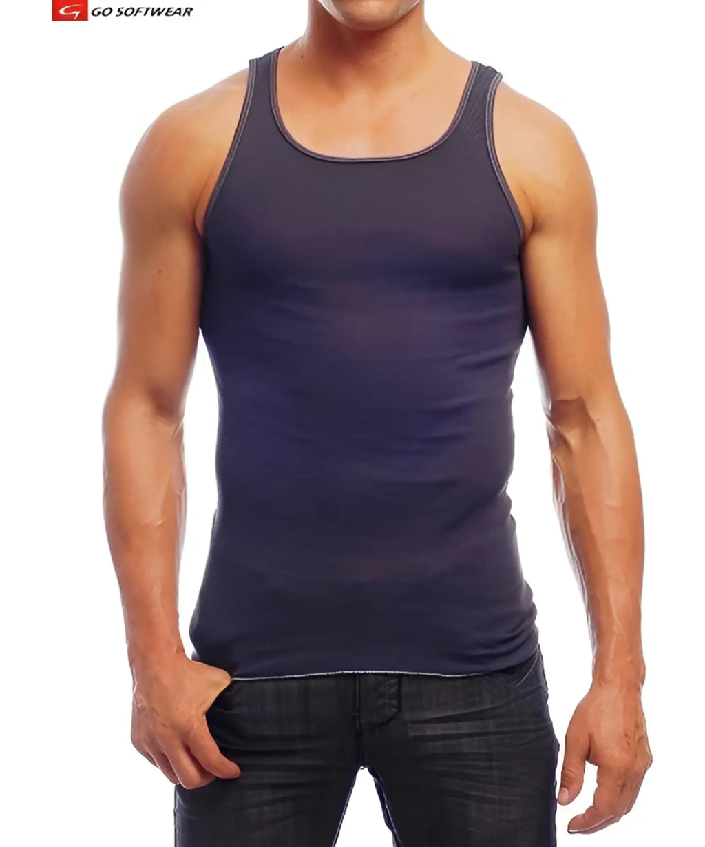 Dark navy rib tank top with ribbed texture scoop neckline and contrasting white stitching along edges