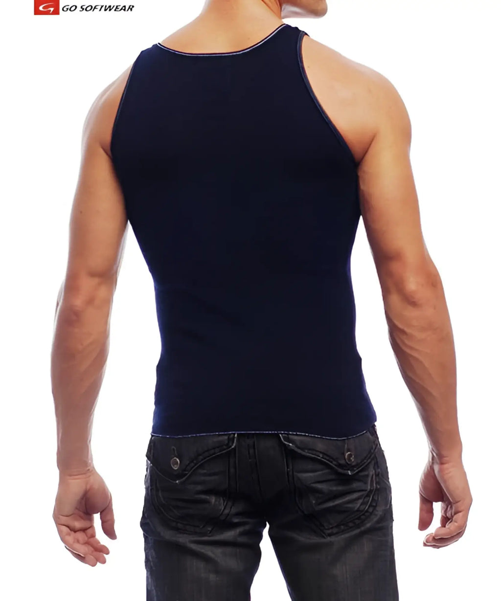 Navy blue rib tank top made of ribbed knit fabric with contrasting white stitching along neckline and armholes