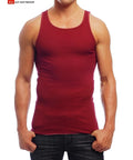 Red rib tank top with ribbed texture scoop neckline and thin shoulder straps for casual summer wear
