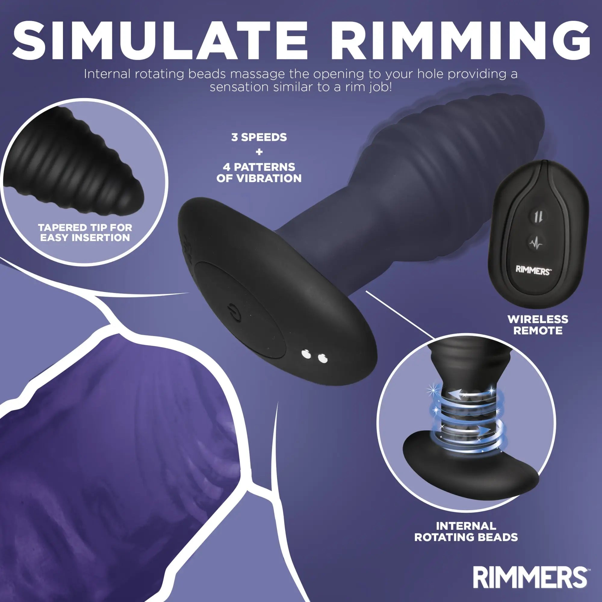 Rimmers Model-E black vibrating plug with tapered tip, internal rotating beads, and wireless remote control.