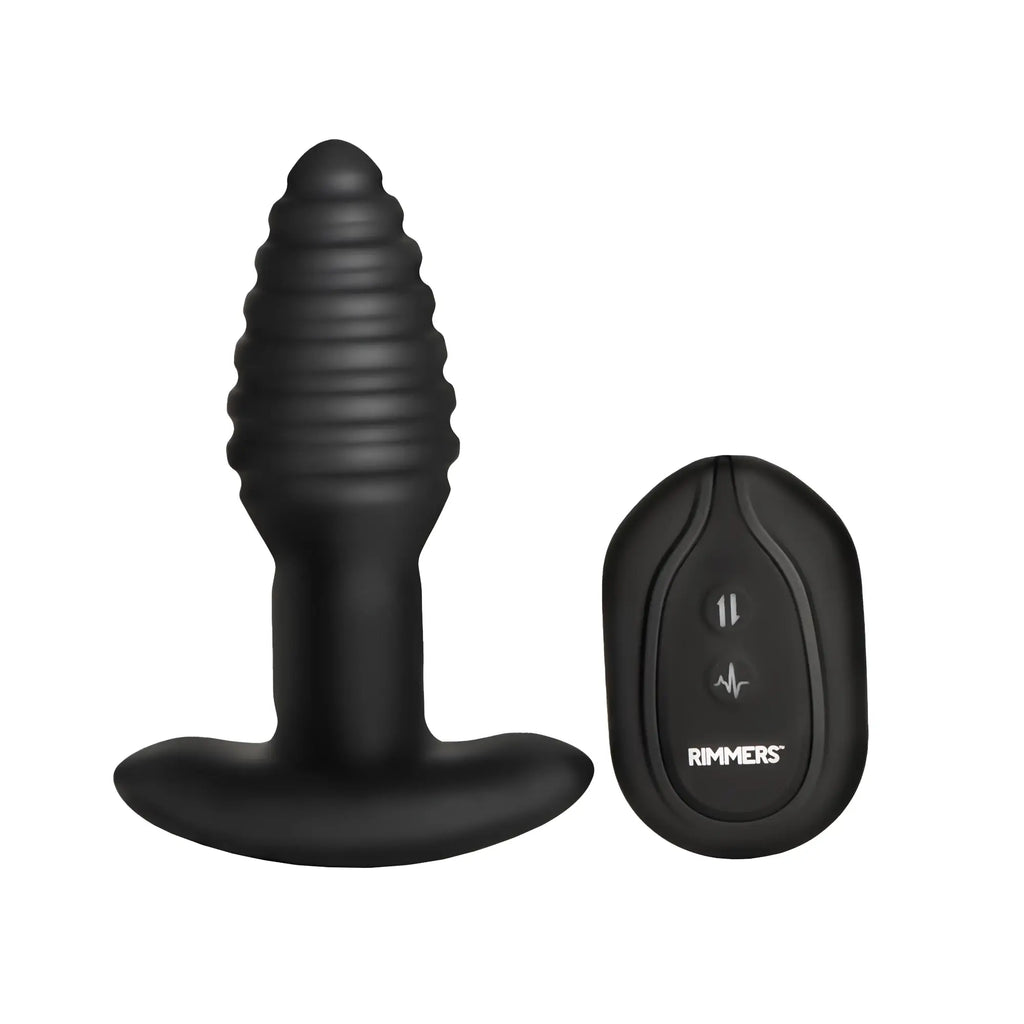 Black Rimmers Model-E ribbed vibrating silicone plug with a matching wireless remote control against a white background.