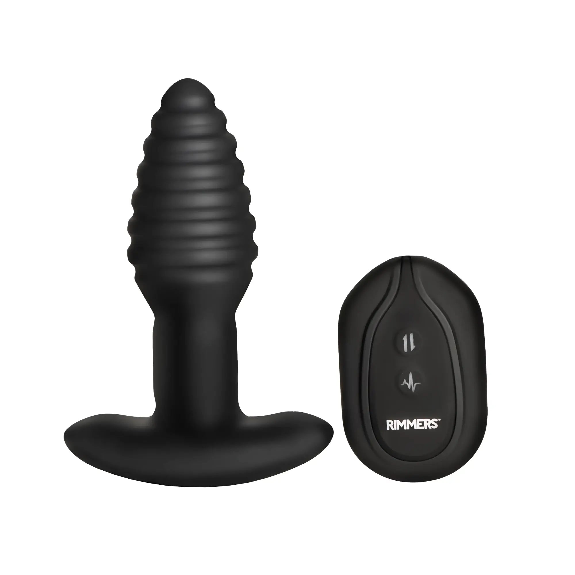Black Rimmers Model-E ribbed vibrating silicone plug with a matching wireless remote control against a white background.