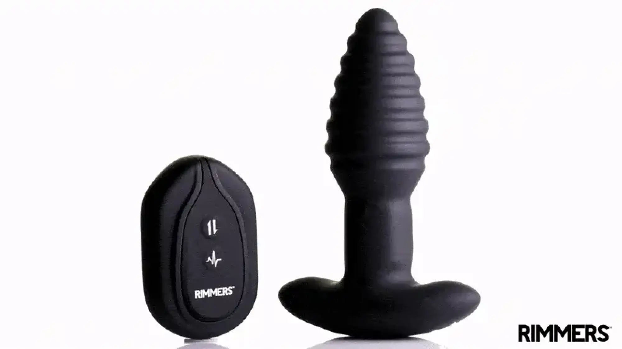 Rimmers Model-E black, ribbed vibrating plug next to its matching remote control on a white background.