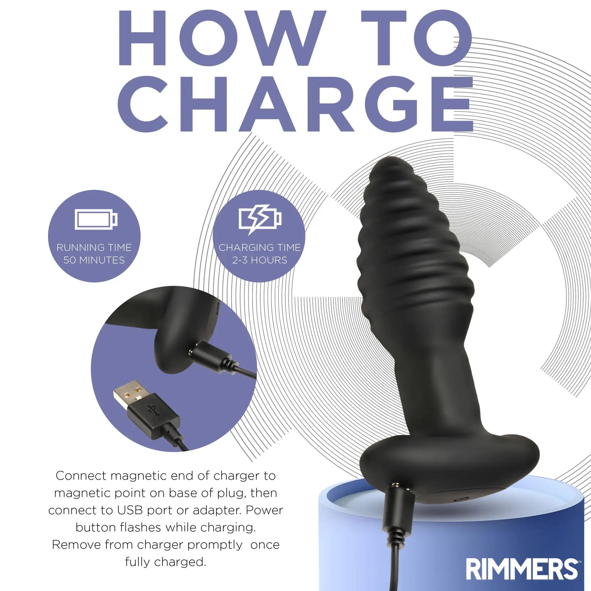 Rimmers Model-E black ribbed vibrating plug being charged via a magnetic USB cable, with usage instructions.